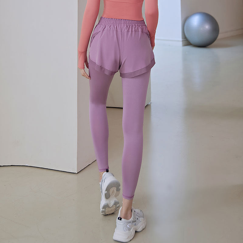 【PDa11】瑜珈跑步健身緊身網紗包邊側口袋假兩件運動褲★Chiu3★