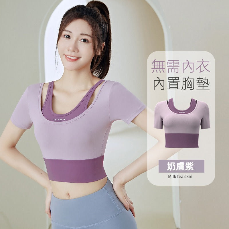 【TBa03】瑜珈跑步健身緊身運動速乾帶胸墊瑜伽假兩件撞色短袖上衣★Chiu3★