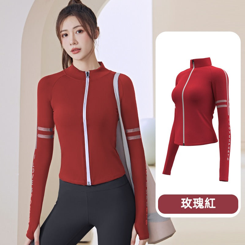 【CAa07】運動長袖緊身顯瘦跑步健身瑜伽拉鍊字母印花立領外套★Chiu3★