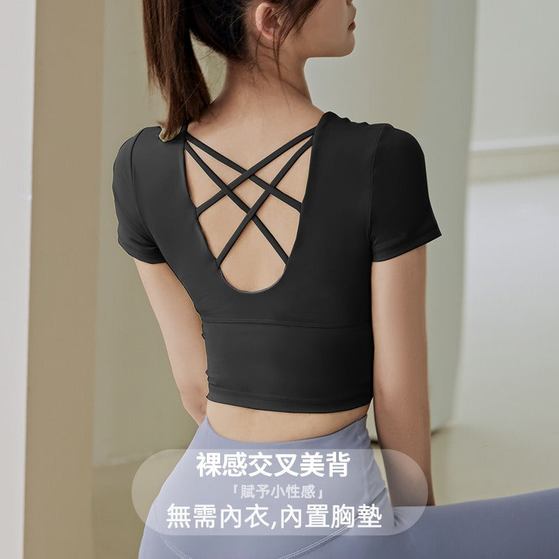 【TBa06】裸感交叉美背瑜珈跑步健身緊身運動速乾帶胸墊瑜伽短款露臍上衣★Chiu3★
